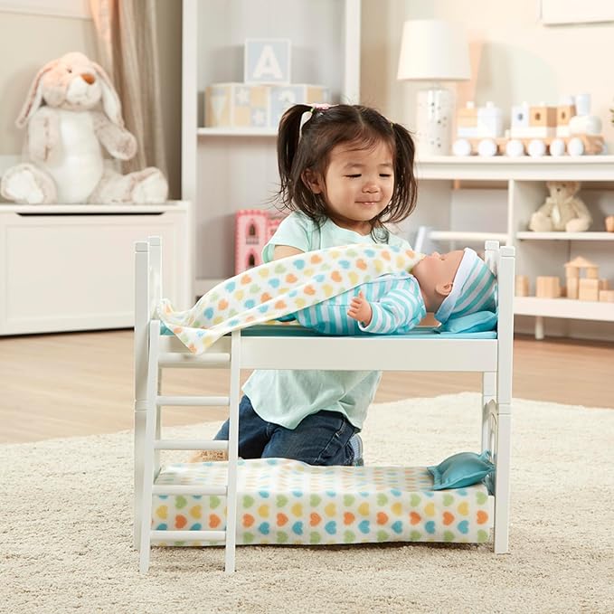 Melissa & Doug Mine to Love Wooden Play Bunk Bed for Dolls up to 18 inches-Stuffed Animals - White (2 Beds, 17.4”H x 9.1”W x 20.7”L Assembled and Stacked)
