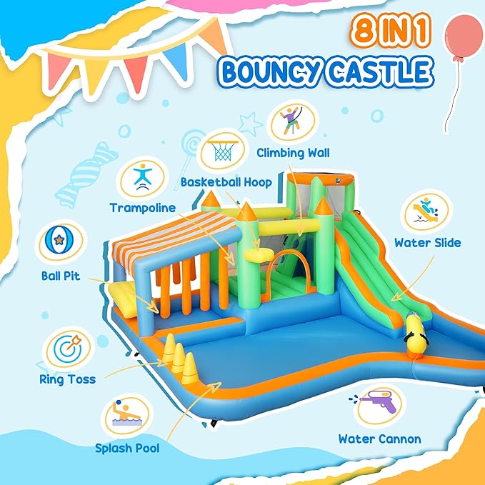 Qaba Inflatable Water Slide with Large Splash Pool, 8 in 1 Bouncy House Water Park with 550W High Power Blower, Ball Pit, Water Cannon, Climbing Wall, Toss Ring, Basketball Hoop