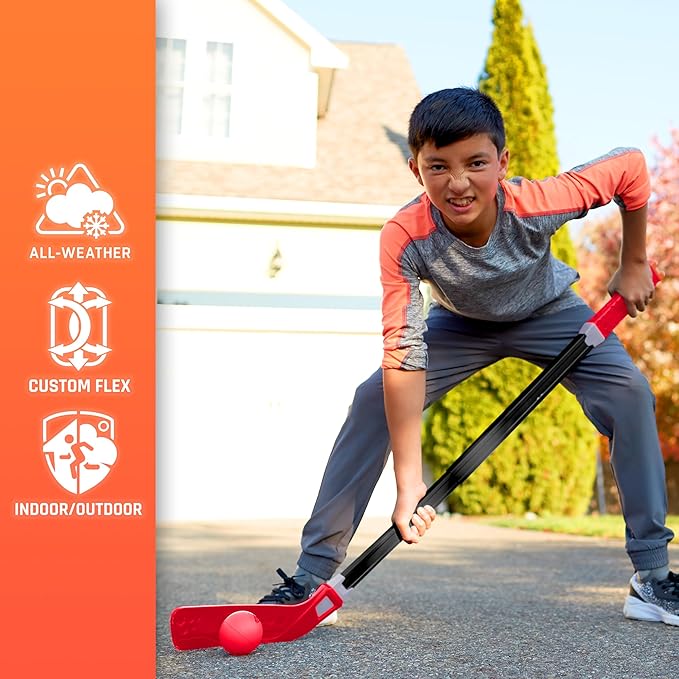 Nerf Flexplay Kids Hockey Stick + Ball Set - Indoor + Outdoor Street Hockey Set - Adjustable Height Stick Balls Included