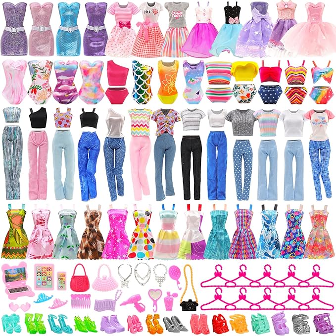 ENOCHT 51 PCS Doll Clothes and Accessories Including Fashion Dresses, Tops and Pants Outfits, Party Dresses, Swimsuits Bikini 38 PCS Shoes Hangers and Other Accessories for 11.5 inch Dolls