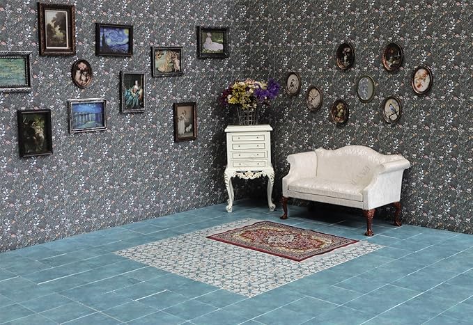 iLAND Dollhouse Flooring on 1/12 Scale 1/6 Scale, Miniature Dollhouse Accessories, 60pcs Double-Sided Dollhouse Floor Tiles (Luxury Rococo Floral & Blue Marble Tiles)