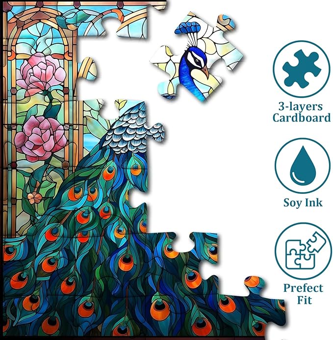 Stained Glass Peacock Puzzles for Adults 1000 Pieces, Vintage Bird Art Puzzle, Impossible Hard Challenging Jigsaw Puzzles for Adults, Colorful Peacock Garden Puzzle as Home Wall Decor
