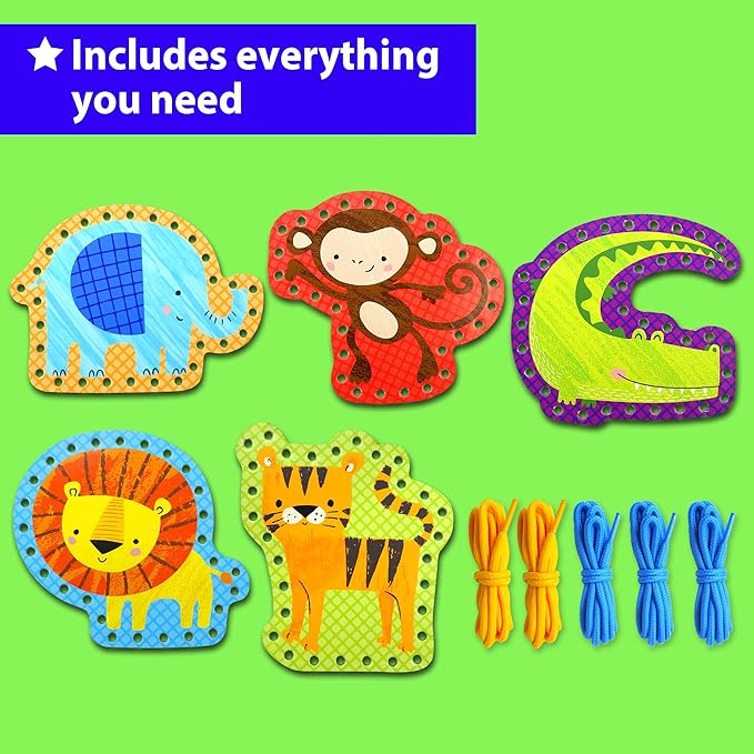 KRAFUN Beginner Preschool Lacing Card Kit for Kids Arts & Crafts, 5 Easy Safari and Animal Lacing Projects, Paper Craft Cards for Toddlers, Fine Motor Skills Training Toys