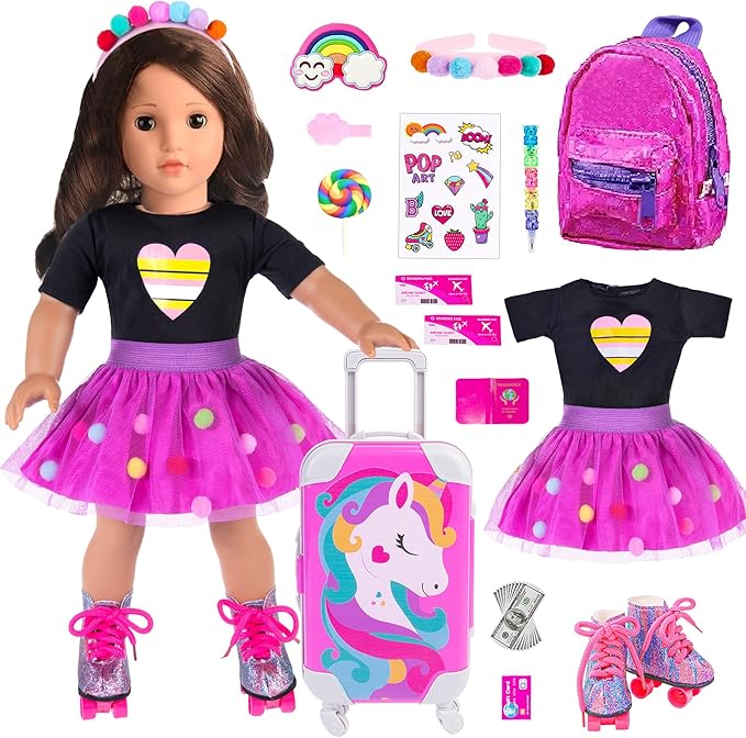 ebuddy 18 Inch Doll Clothes and Accessories - Travel Suitcase Play Set for 18" Dolls, Includes Clothing, Backpack, Roller Skates & More (Doll Not Included)