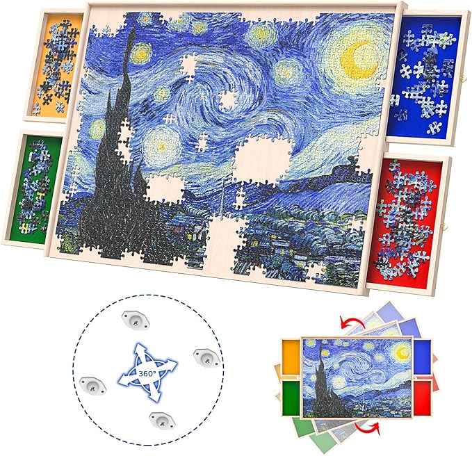 Rotatable 360-Degree Wheels Puzzle Board with Drawers and Cover 1000 Pieces Lightweight Portable Wooden Puzzle Table for Adults Size 30" x 22"