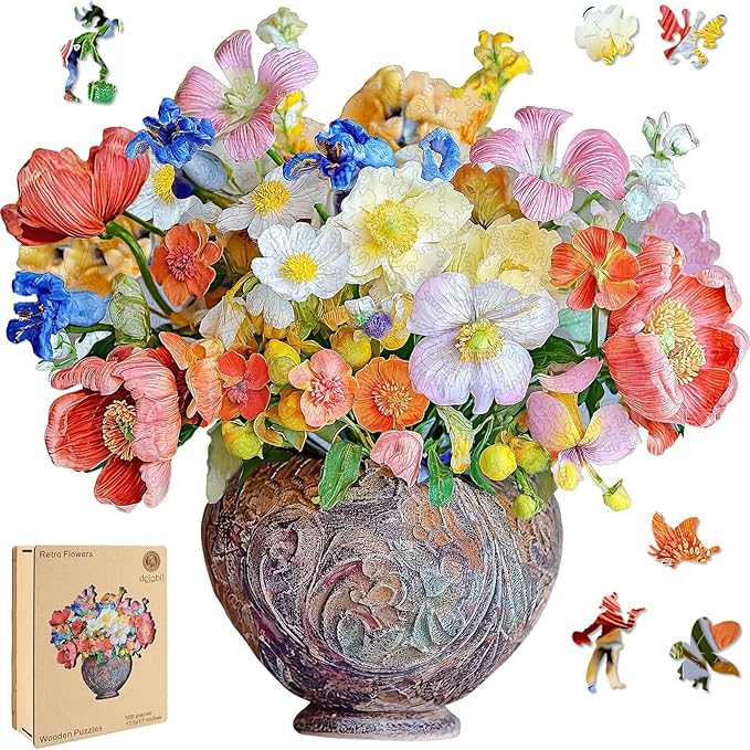 Delobil Flower Wooden Puzzles for Adults, 500 Pieces Vase Jigsaw Puzzles, Unique Shaped Wood Puzzle Birthday Gift for Mom Adults and Kids, Family Game 17.5'' x 17''