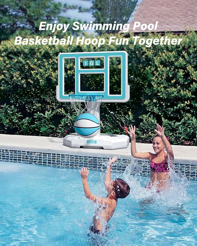 IGL Pool Basketball Hoop Outdoor, Outdoor Poolside Basketball Hoop, Base & Stand Double Water Storage with 2 Ball & Inflator, Stainless Steel Basketball Rim, Fixed Height