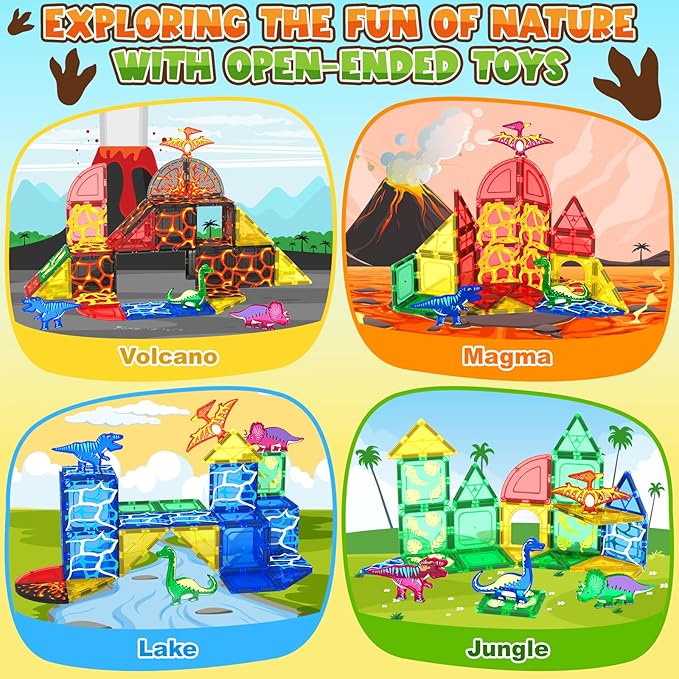 Coodoo Dinosaur Toys Magnetic Tiles Lava Dinosaur World Set - Magnetic Blocks Building for Kids 3-5 5-7 Girls Boys Toy Age 4-6 6-8, Classroom Must Haves Toddler Sensory for 3+ Year Old Kids Toys