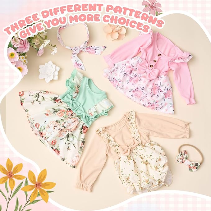 3 Set 20 Inch Reborn Baby Doll Clothes Colorful Floral Baby Doll Clothes Printed Dress Accessories with Headband Bulk for Girl Get Dressed, Including Light Green, Khaki, Pink