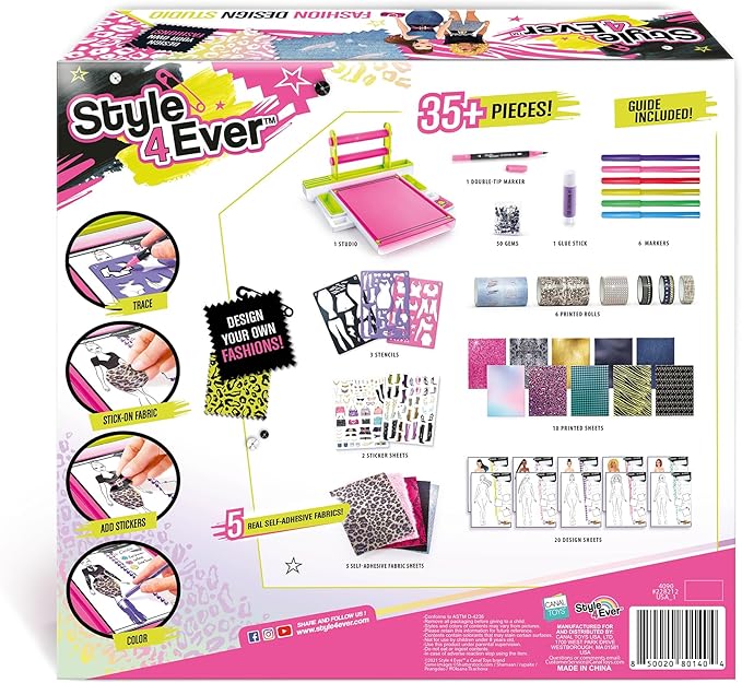 Canal Toys Style 4 Ever Fashion Design Studio, Design Your own Fashions, Design Sheets with Stencils, Stickers, and Fabrics, Add Colors, Patterns, and Textures, All Organized in The Stylish Studio