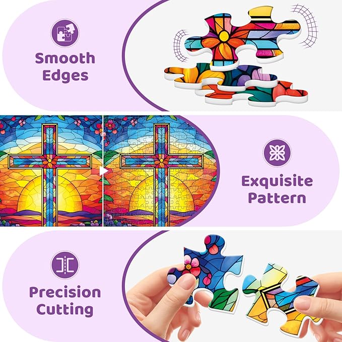 Puzzles for Adults 500 Pieces,Cross Stained Glass Puzzles for Adults,Christian Puzzles & Colorful Flower Jigsaw Puzzle for Seniors,Religious Puzzle as Home Decor Puzzle,Holiday Party Gifts,20.5x15 in
