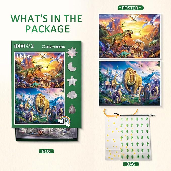 Jigsaw Puzzle 1000 Pieces Adult, 2 Pack, Unique Shape Nature Series Puzzle, Dinosaures and Mammoths Theme, Challenging Puzzles for Game Night, Highly Interactive Family Games for Adults