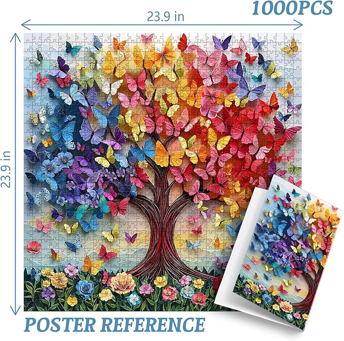 PICKFORU Colorful Butterfly Puzzles for Adults 1000 Pieces, Tree of Life Jigsaw Puzzle Rainbow Floral, Unique Spring Flower Art Theme as Home Decor
