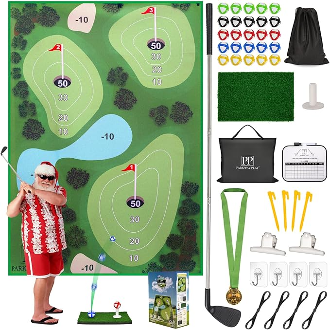 Golf Chipping Mat with Adjustable Golf Club - 48 Piece Outdoor Indoor Golf Game for 1-5 Players - Giant Turf Hitting Mat with Tee, 25 Sticky Balls, Travel Bag for Golfers for All Ages