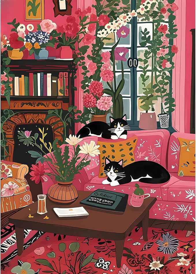 Spring Cozy Room & Cat 1000 Piece Puzzle for Adults, Fun Puzzles for Adults 1000 Pieces with HD Print & Poster, 27.5 * 19.7 in Dust Free, for Gifts Halloween Christmas Family Games Lovers