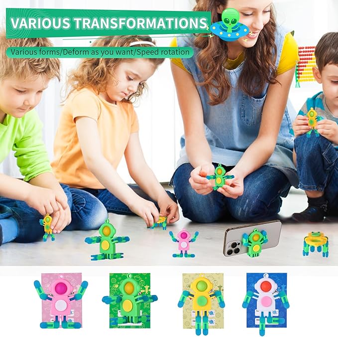 24Pcs Pop Fidget Spinners Bulk - DIY Transformable Fidget Spinner with Cards Robot Keychain Fidget Spinners Glow in The Dark Easter Basket Stuffers Stress Relief Sensory Toys for Kids Adults