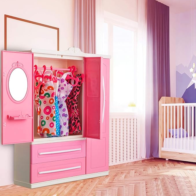 Doll Closet Furniture Wardrobe Clothing Organizer Doll Open Wardrobe Dollhouse Closet with 20 Pieces Hangers 2 Style Pink Plastic Hangers Dollhouse Furniture Accessories(Classic Style)