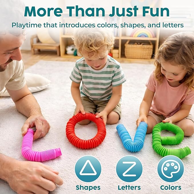 BUNMO Easter Basket Stuffers - Pop Tubes - Fidget Sensory Toys - Creative Learning - Hours of Fun for Kids - Easter Basket Stuffers for Toddler- Tons of Ways to Play - Non-Mouthable 3+ - 4 Pack Large