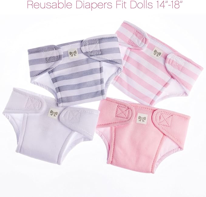 JC Toys Baby Doll 4 Pack Fabric Diapers | Washable, Reusable, Adjustable Eco Diapers | Fits Dolls 14 to 18 inch in Pink/White/Grey