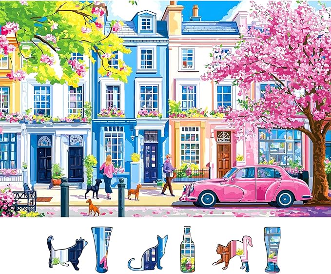MINIWAN 500 Piece Puzzles for Adults - London Townhouse Cherry Blossom Jigsaw Puzzle, 23x15 Inches with Unique Irregular Shaped Pieces for Relaxation & Home Wall Decor
