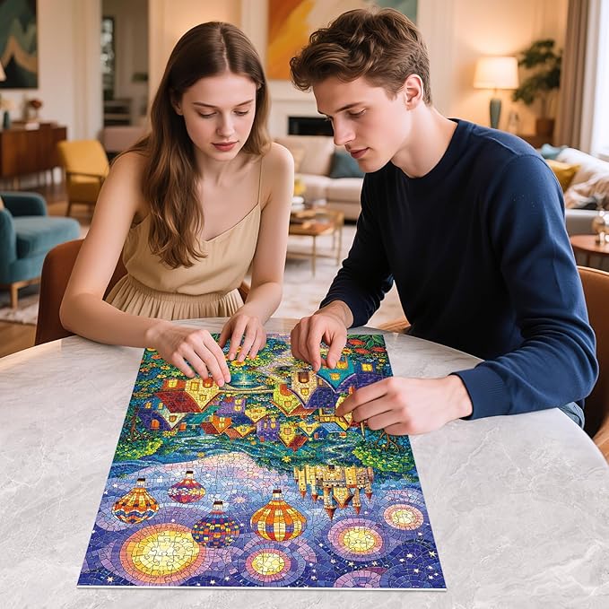 500 Piece Puzzle for Adults, Fantasy Village 500 Piece Puzzle, Vibrant Hot Air Balloons & Castle in Starry Night Jigsaw Puzzle, Perfect for Family Game Night, Home Wall Decor, Great Gift for Adults
