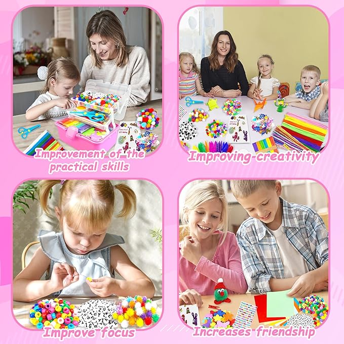 3000 Arts and Crafts Supplies for Kids Craft Kit Craft Box with Pipe Cleaners Arts and Crafts for Kids Age 4-6, 6-8, 8-12 DIY School Supplies Materials Set Toys Gifts for Girls Boys Toddlers, Red