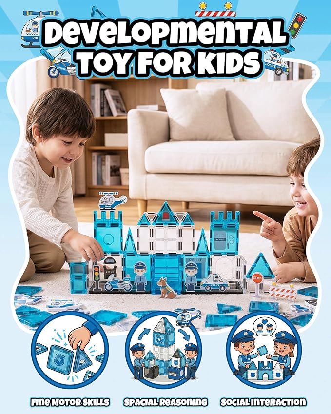 Magnetic Tiles for Kids Ages 3+, Police Magnetic Tiles Building Blocks with City Scene Pieces, Police Officer Elements & Accessories, STEM Toys for Toddlers, Ideal Gift for Boys and Girls