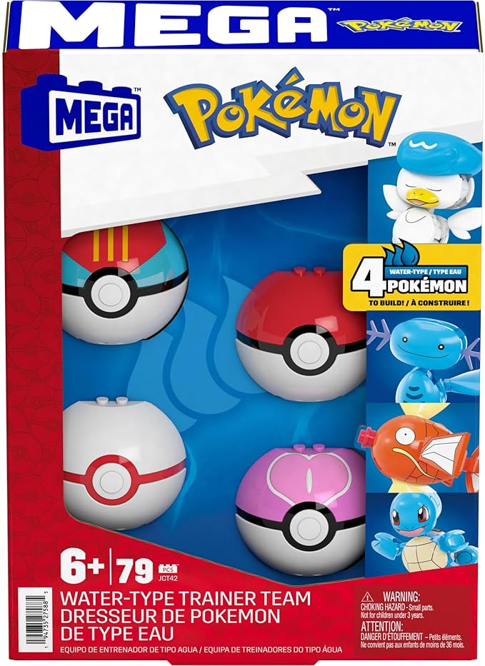 MEGA Pokémon Action Figure Building Toys Set, Water-Type Trainer Team with 79 Pieces, 2 Inches Tall, for Kids