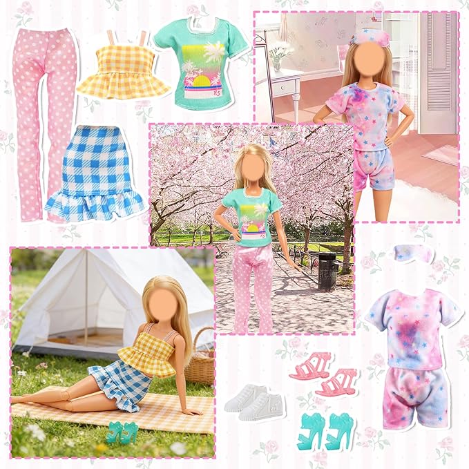 35 Pcs Travel Camping Tent Playset for Girl Dolls, 1 Tent 1 Picnic Mat 1 Telescope 20 Pcs Campfire and Food Sets 3 Outfits 3 Shoes 2 Glasses, Camping Accessories for 11.5 inch Doll