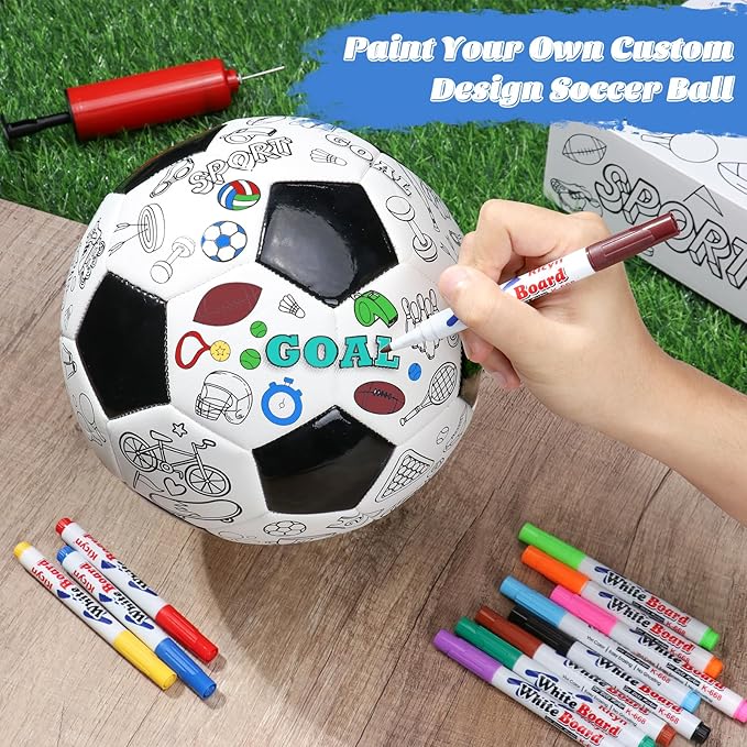 Size 3 Color Your Own Soccer Ball Black DIY Custom Craft Kit with Pump 12 Markers Personalized Youth Toddler Training Paint Your Own Toy Creative Gift for Kids (Black Soccer Ball, 3)
