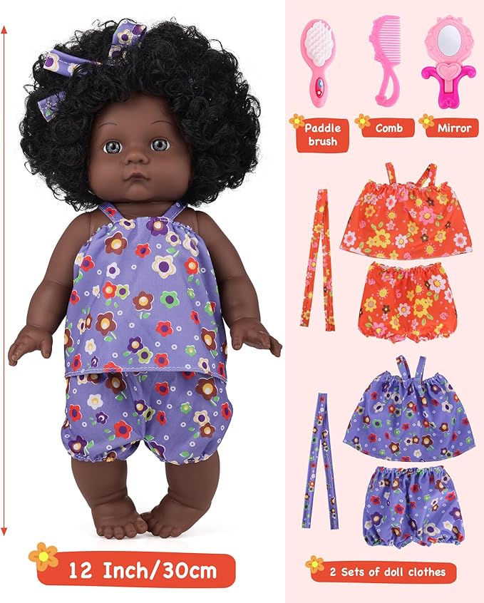 GAGAKU Black Baby Doll for 3 4 5 6 Years Old,12 inch Black Baby Dolls for Girls with Curly Hair, 2-Sets Doll Clothes,Small Baby Dolls for Toddlers Kids and Girls Holiday Birthday