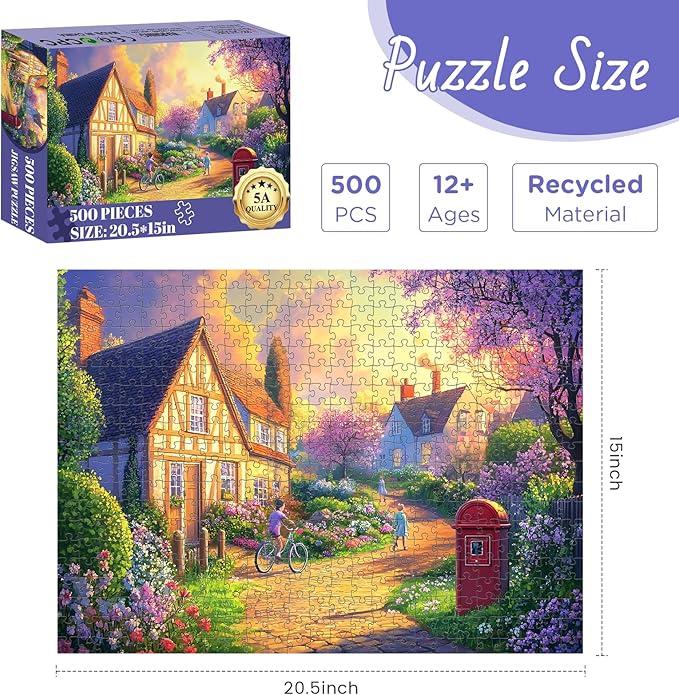 500 Piece Puzzles for Adult, Countryside Jigsaw Puzzle 500 Pieces for Adults Senior, Beautiful Village Sunset House Jigsaw Puzzles, Challenging Puzzle Perfect Game Nights 20.5 X 15 in