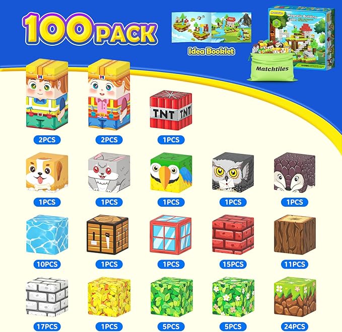 100 PCS Magnetic Building Blocks, Mine World Forest Animals Set, Magnet Cube Construction Toys for Kids Age 3-8, STEM Sensory Gift for Boys & Girls
