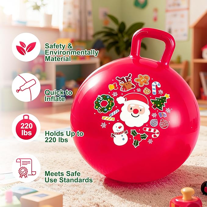 ZOOJOY Hopper Ball for Girls & Boys 3-8 with Free Hair Clips, Santa Claus Red 18in Bouncy Ball with Handle for Kids, Christmas Hopping Toys Indoor and Outdoor Play Includes Pump
