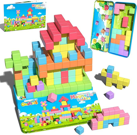 Mini Magnetic Blocks, Travel Outdoor Toys for Kids Ages 3-5 4-8, Magnet Cubes with Iron Box, STEM Montessori Sensory Building Toys, Ideal Gifts for Toddlers Boys Girls Birthday