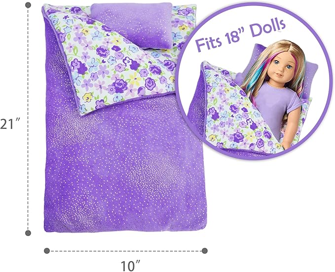 June Garden Cozy Dream Reversible Doll Sleeping Bag - 2-Piece Playset Doll Accessory with Pillow - Fits 18" American Girl Dolls - Gifts for Girls 2 3 4 Year Old