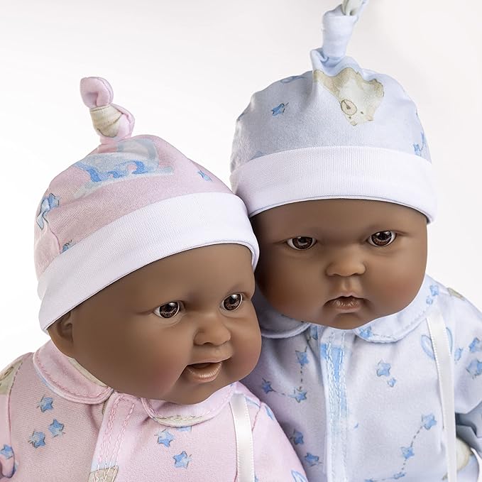JC Toys Twins 13" Realistic Soft Body Baby Dolls Berenguer Boutique | Twins Gift Set with Removable Outfits and Accessories | Pink and Blue | African American | Ages 2+