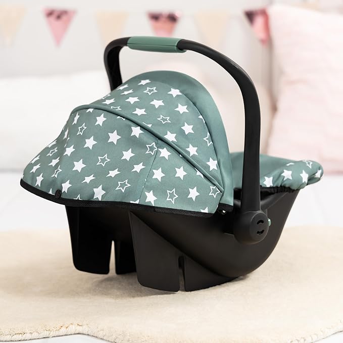 Bayer Design Reborn Baby Doll Car Seat with Sun Shade Canopy - Grey-Green Stars, Portable Doll Carseat for 18" Dolls