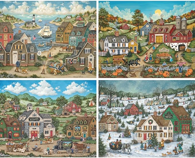 Bits and Pieces – 4-in-1 Jigsaw Puzzle Multi-Pack for Adults – Seasons in The Country Collection by Bonnie White – Unique Random Die-Cut Pieces (Four 1000 Piece Puzzles 20" x 27")