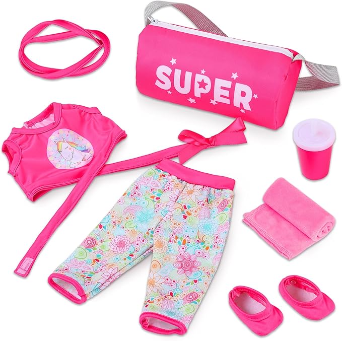 American 18 inch Doll 7-Piece Gymnastics Doll Yoga Outfit Set , Pink Pony Design with Accessories, Sports Bag and Headband (Dolls NOT Included)