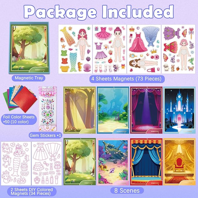 Magnetic Dress Up Dolls Girls, Princess Mermaid Fairy Ballerina Magnet Paper Dolls Kit with DIY Foil Art Craft Kit for Girls Age 4-7, Road Trip Airplane Car Activities Travel Toy Games Easter Gift