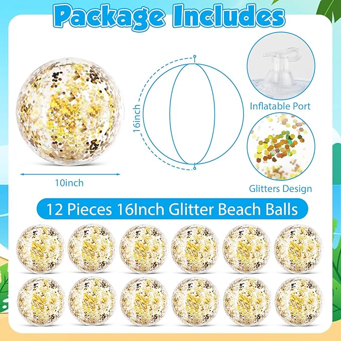 12 Pack Gold Glitter Beach Beach Balls 16" Large Inflatable Sparkly Confetti Pool Balls Glitter Pool Toys PVC Jumbo Sport Ball for Birthday Hawaiian Wedding Christmas Happy New Year Party Favor