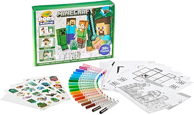 Crayola Minecraft POPs 3D Art Kit for Kids, Create 3D Characters, Coloring Activity Set with Markers & Stickers, Minecraft Toys, Gift for Boys & Girls