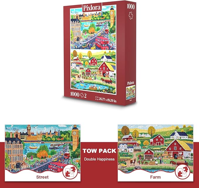 1000 Piece Puzzle for Adults, 2 Pack City and Countryside Jigsaw Puzzles, Landscape Theme, Challenging Puzzles for Family Game Night, Ideal for Home Decor