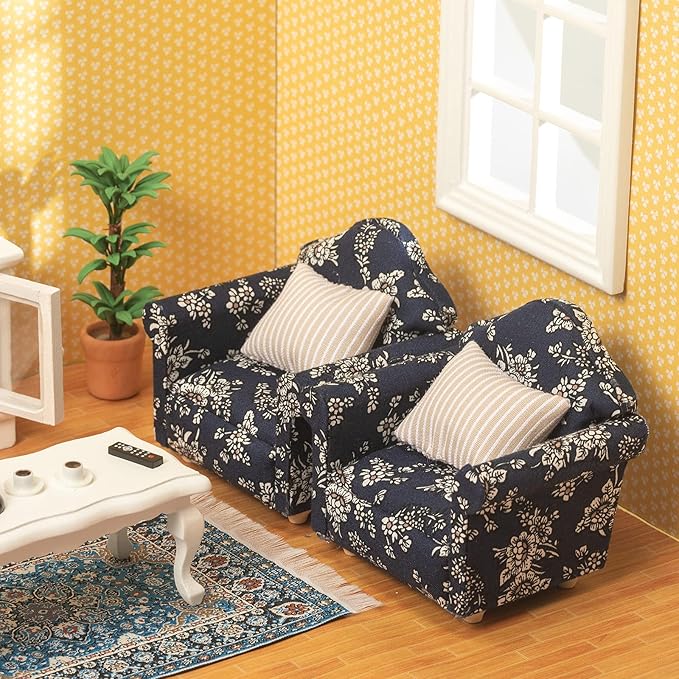 SAMCAMI Miniature Dollhouse Furniture 1 12 Scale - Wooden Dollhouse Furniture Set for Dollhouse Living Room - Doll House Furniture Incl Sofa, TV Cabinet, Coffee Table and Other Accessories (Blue)