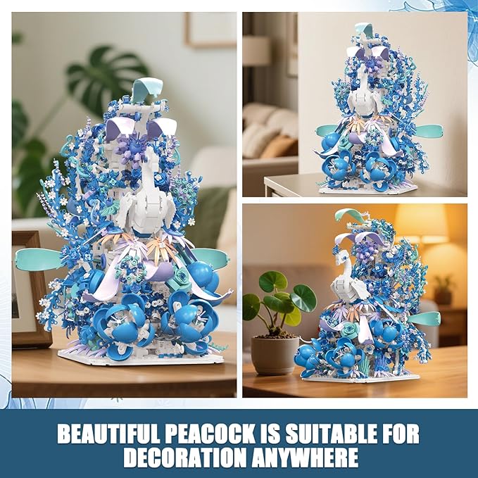 Blue Flowers Peacock Building Set for Adults - Creative Animal Botanicals Peacock Bird Toy Home Office Art Deocr, Compatible with Lego, for Women Mom (2470 PCS)