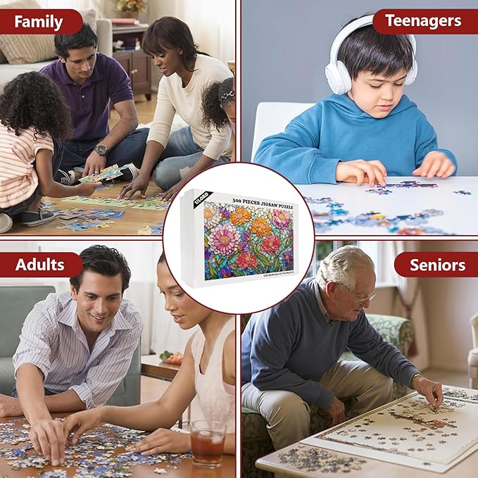 Great Jigsaw Puzzles for Adults 300 Pieces Stained Glass Mosaic Art Flowers Puzzles for Adults Toys Gift Family Decoration Kids Puzzle