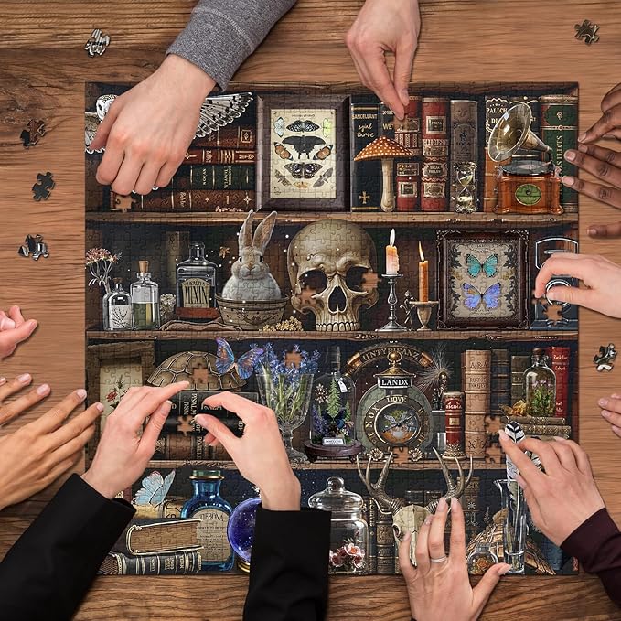 Bookshelf Puzzles for Adults 1000 Pieces, Vintage Gothic Library Jigsaw Puzzle, Magic Skulls, Books, Candles and Butterflies Puzzle