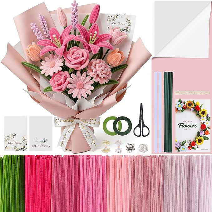 EARLY MINDS 800Pcs Pipe Cleaner Flower Bouquet Kit, 8 Colors Romantic Pink Chenille Stems Craft Making Set with Floral Tape, Flower Stems, Gift Wrap & More, DIY Bouquet Handmade Gifts for Mother