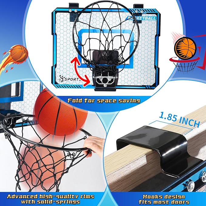 Basketball Hoop Indoor with LED Lights, Basketball Toys Gifts for 5 6 7 8 9 10+ Year Old Boys Kids, Indoor Over The Door Mini Basketball Hoops with Electronic Scoreboard & 3 Balls